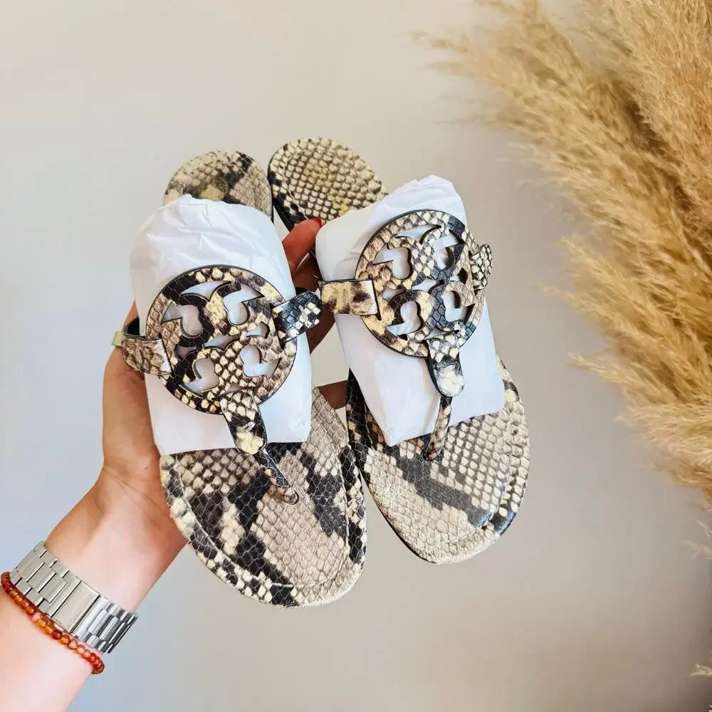 TORY BURCH Beige Black Roccia Snakeskin Leather Miller $258 Slides Sandals 7.5